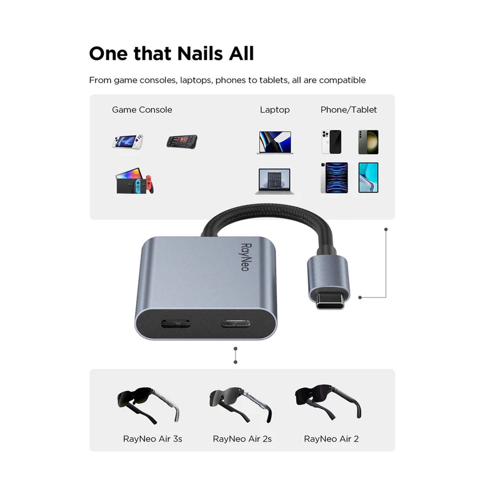 آداپتور شارژر عینک واقعیت افزوده RAYNEO USB-C To Glasses